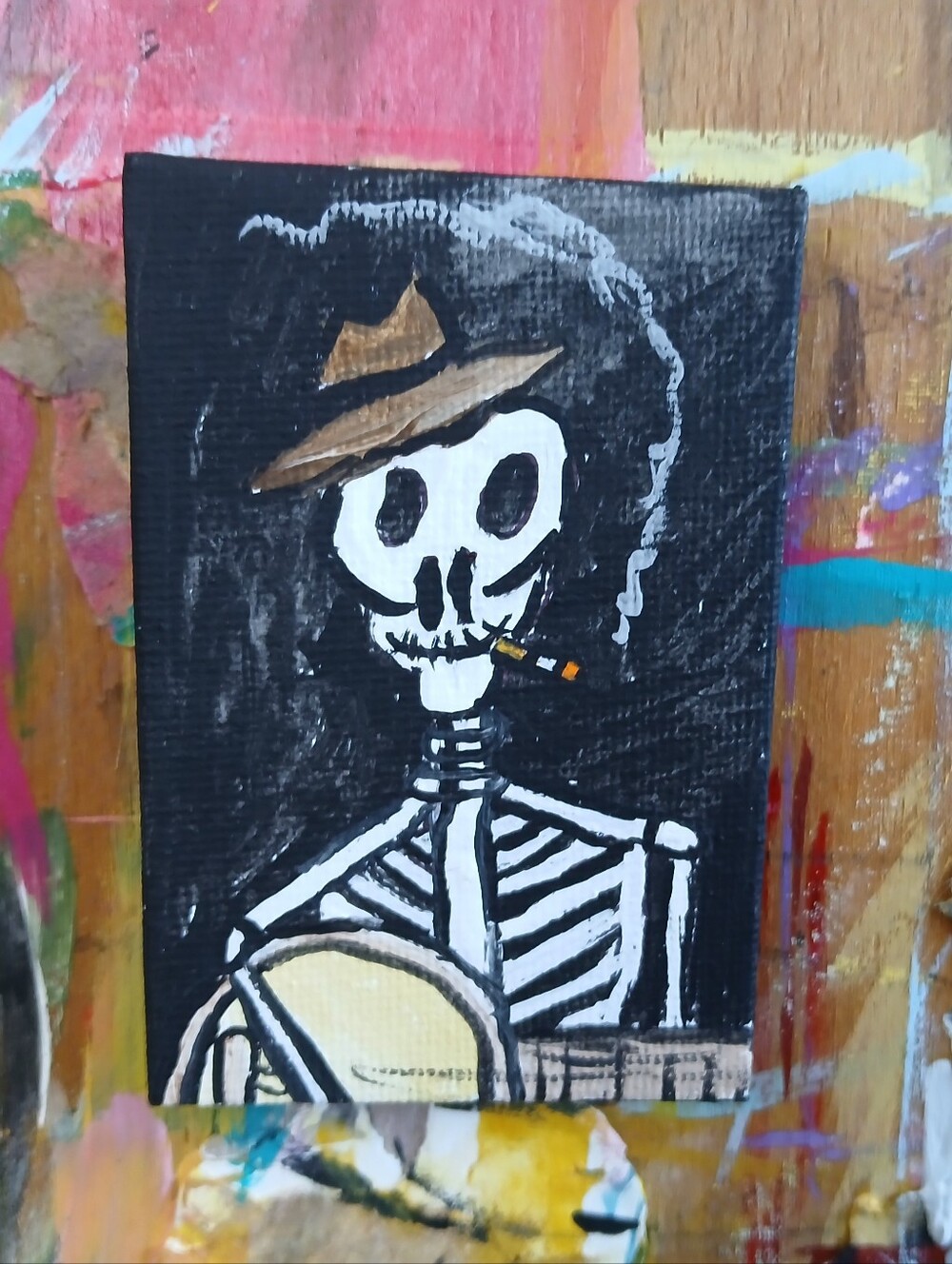 Skeleton Playing Banjo Painting Folk Art